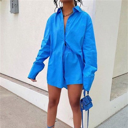Spring Summer Two Piece Set Color Single Breasted Long Sleeve Collared Shirt Shorts Loose Set