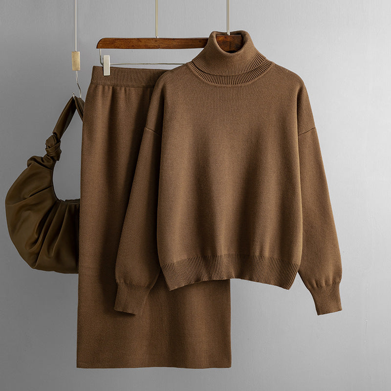 Color Turtleneck Sweater Sheath Skirt Two Piece Set Autumn Winter Knitting Suit
