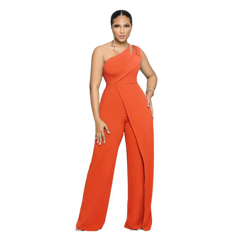 Sleeveless Single Shoulder Suspender High Waist Office Straight Jumpsuit