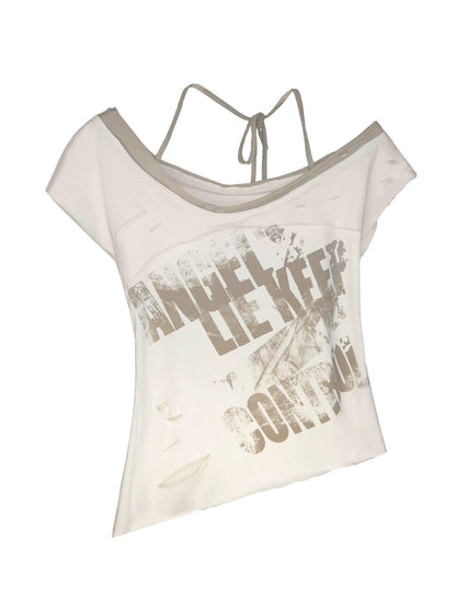 Cest Nous Distressed Graphic Off-shoulder Top - Tie-back T-shirt With Asymmetric Hem