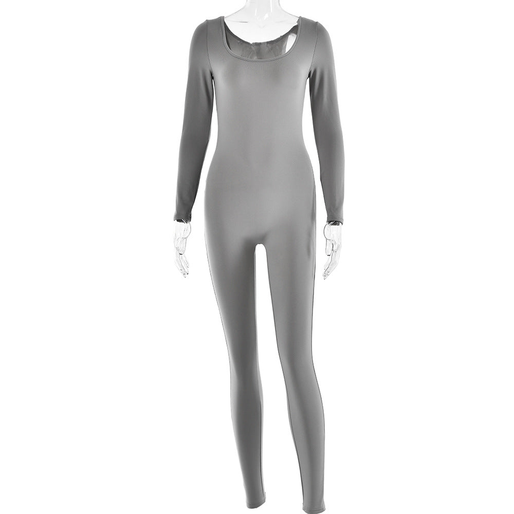 Soft High Elastic Long Sleeve Tights U Collar Stitching Trousers Jumpsuit