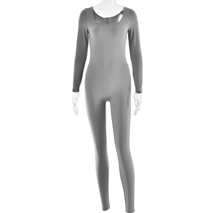 Soft High Elastic Long Sleeve Tights U Collar Stitching Trousers Jumpsuit