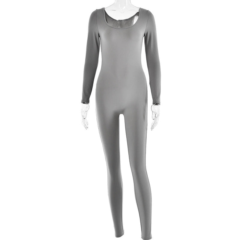 Soft High Elastic Long Sleeve Tights U Collar Stitching Trousers Jumpsuit