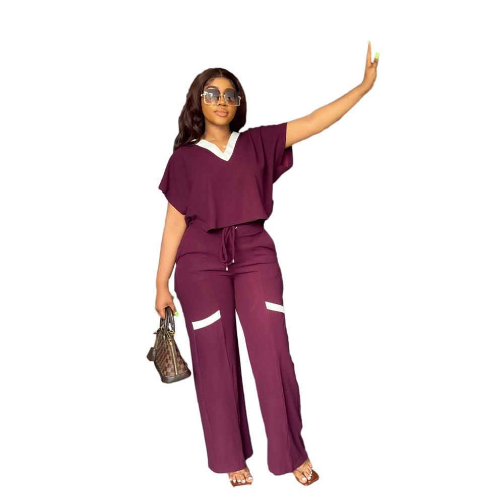 Color Short Sleeved T Shirt Sports Suit Straight Leg Pants Summer Two Piece Set