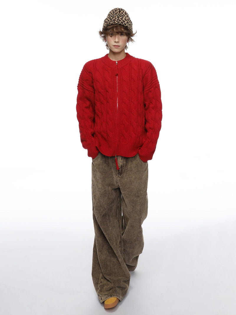 Ribbed Trim Cable Zip Knit Sweater