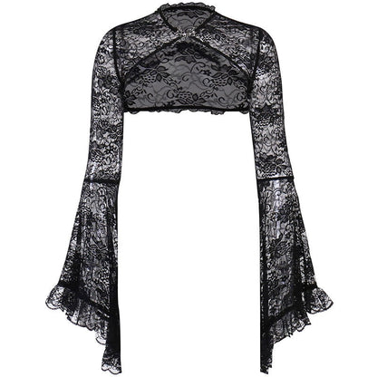 Wannathis Gothic Lace Ensemble - Black Sheer Flared Pants, Brocade Camisole, and Bell Sleeve Bolero