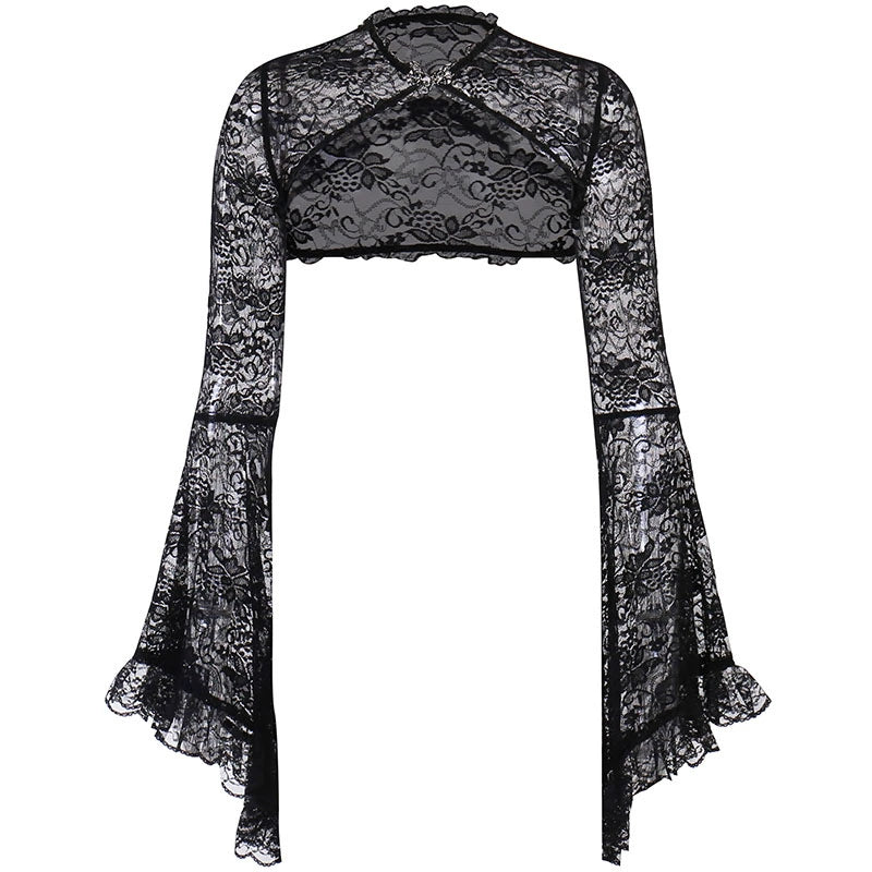 Wannathis Gothic Lace Ensemble - Black Sheer Flared Pants, Brocade Camisole, and Bell Sleeve Bolero