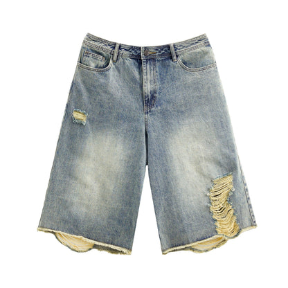 Distressed Wide Leg Denim Capri Cut Shorts