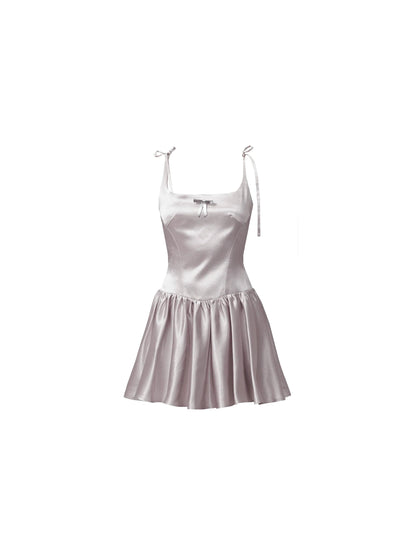 Silvery Gray Satin Mini Dress With Tie Straps