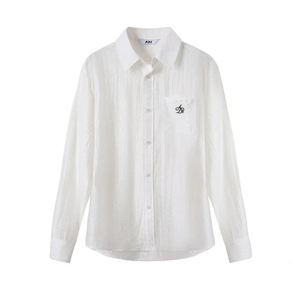Classic White Long Sleeve Button-down Shirt: Crisp Cotton Collared Blouse With Embroidered Logo