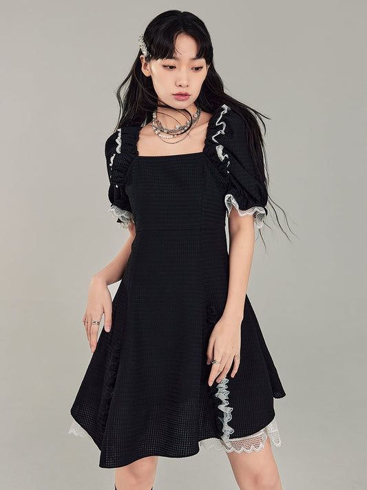 Puff Sleeve Black Square Neck Dress