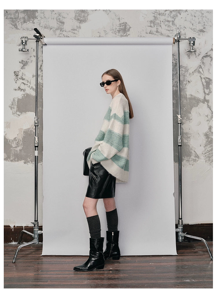 Irregular Wide-striped Oversized Round Neck Sweater
