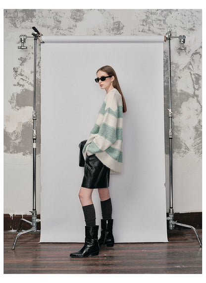 Irregular Wide-striped Oversized Round Neck Sweater