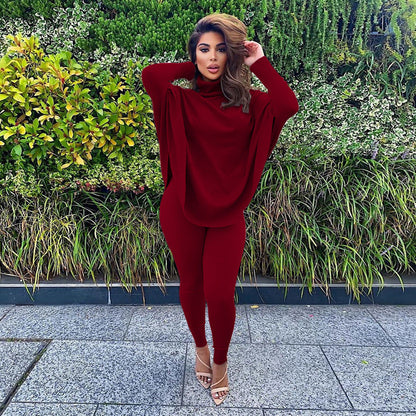 Winter Color Batwing Long Sleeve Two-piece Set Set
