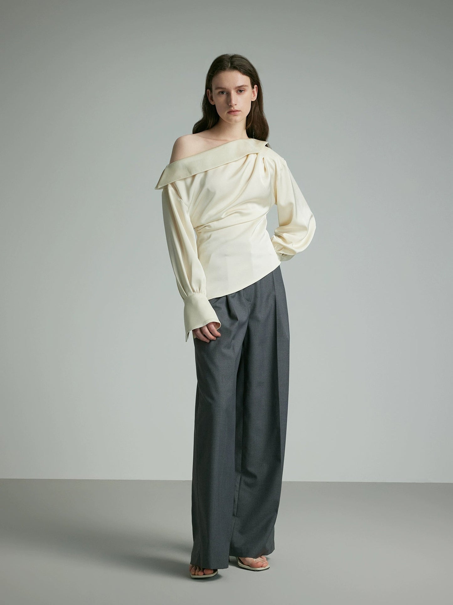 Ivory Draped Balloon Sleeve Blouse