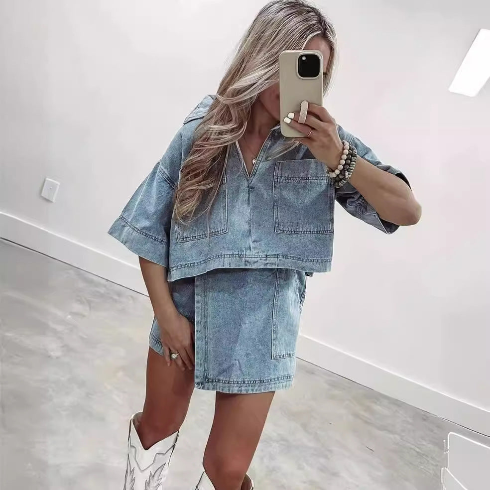 Comfort Denim Summer Loose Slimming Polo Short Sleeve Shirt Irregular Asymmetric Pantskirt Two Piece Set