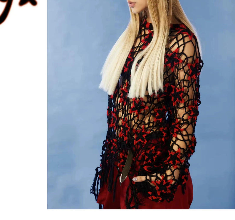 Red and Black Crochet Sweater