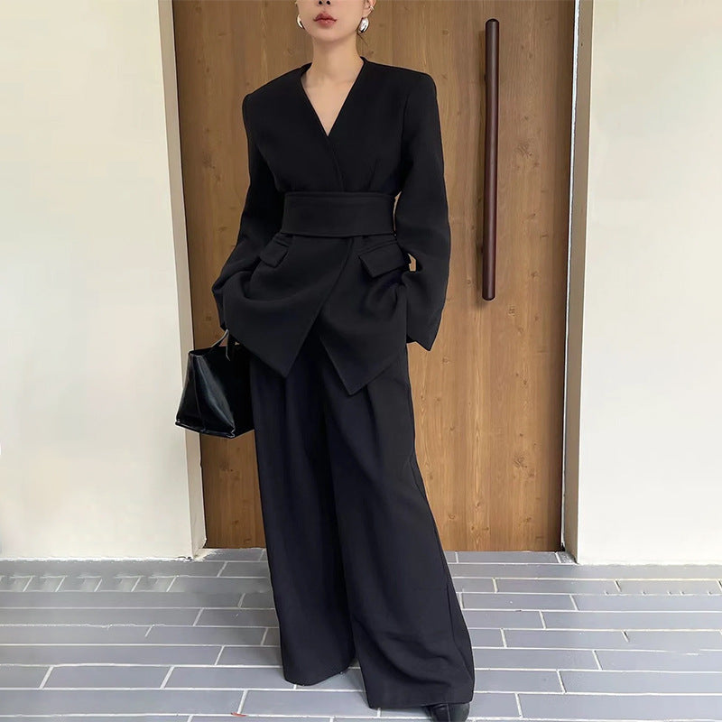 Autumn Waist Tight Top Loose Wide Leg Pants Two Piece Sets