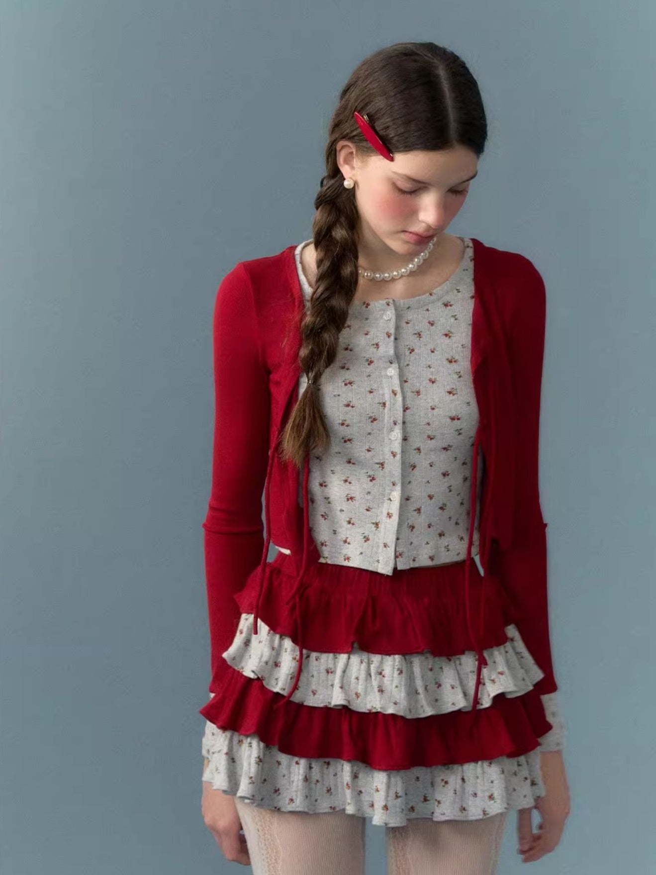 Splicing Strap Cardigan & Cake Skirt