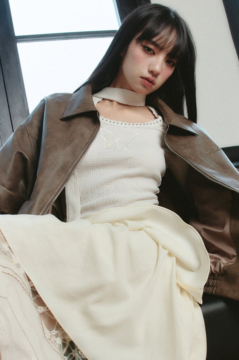 Ethereal Ivory Ensemble: Asymmetric Ruffled Midi Skirt & Choker-neck Fitted Sweater Set