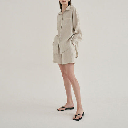 Linen Shirt Shorts Set Loose Laid Back Cotton Linen Shirt Two Piece Set