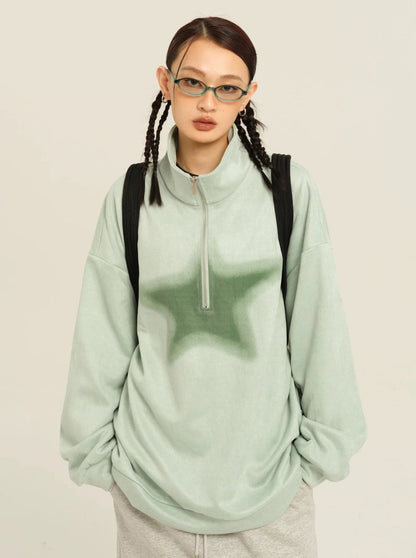 Oversized Suede Sweatshirt With Zipper Polo Collar