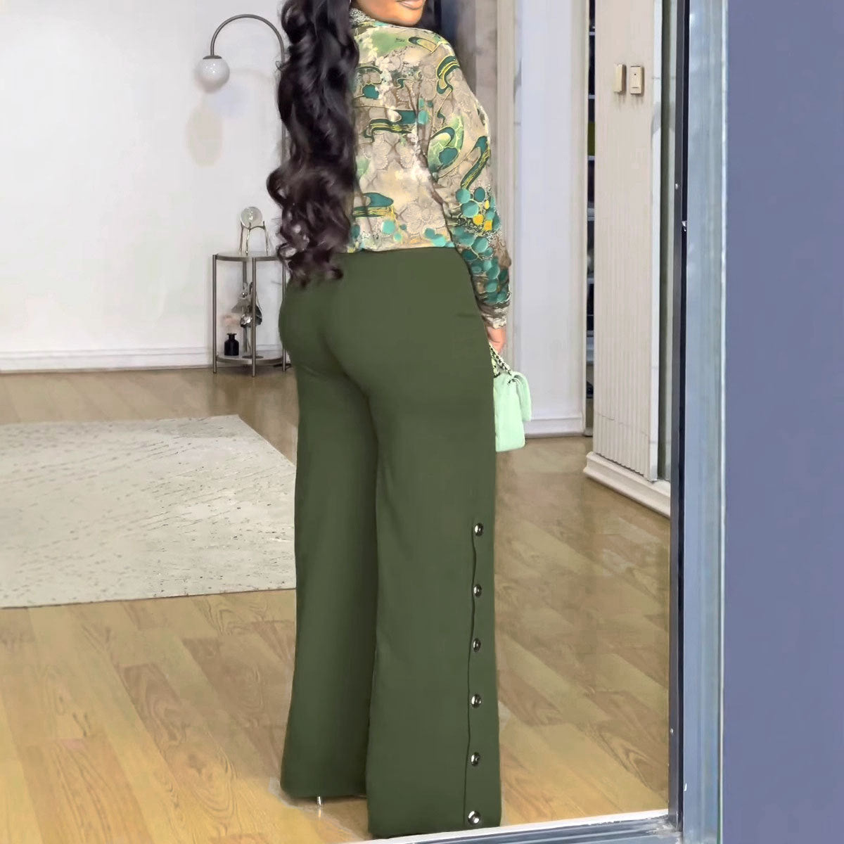 Printed V Neck Shirt Wide Leg Pants Two Piece Set