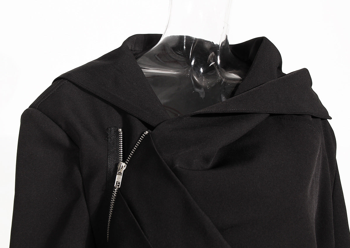 Niche Design Coat Autumn Fashionable Asymmetric Fold Zipper Loose Crop Top