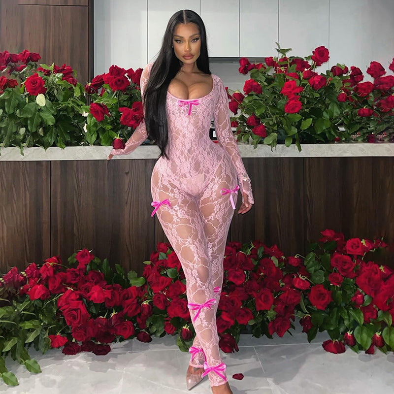 Spring See Through Hollow Out Cutout High Waist Jacquard Tight Long Sleeve Lace Jumpsuit