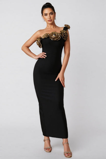 Omi One Shoulder Flowers Bandage Midi Dress