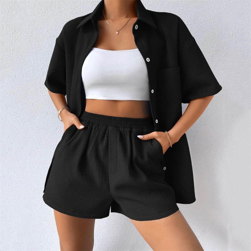 Summer Suit Loose Short Sleeved Shirt Elastic Waist Shorts Two Piece Set