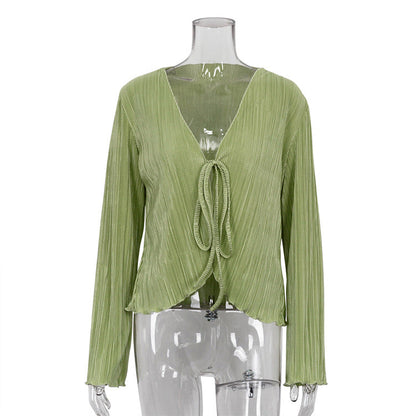 Summer Cardigan Lace-up Slim Flared Long Sleeve Pleated Shirt French Textured
