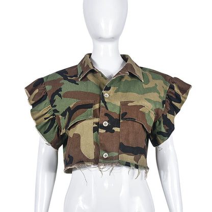 Camouflage Clothing Flounce Sleeve Pocket Personalized Cardigan Outdoor Short Sleeve Coat