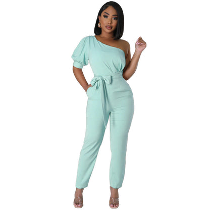 One Shoulder High Waist Backless Slim Tapered Trousers Jumpsuit