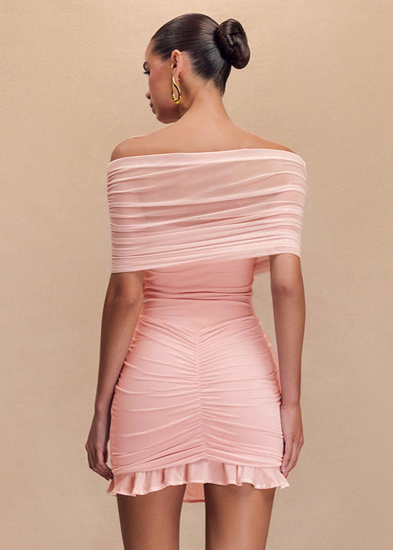 Off-shoulder Mesh Ruched Mini Dress