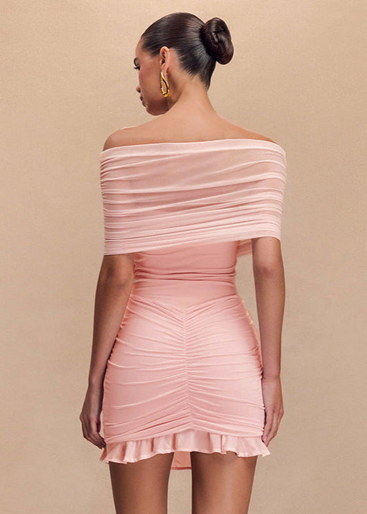 Off-shoulder Mesh Ruched Mini Dress