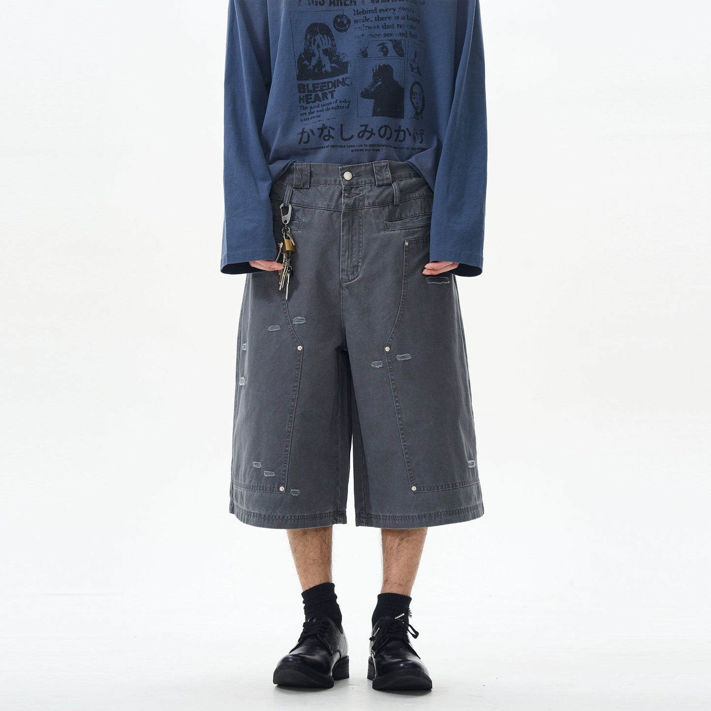 Distressed Grey Cargo Denim Shorts