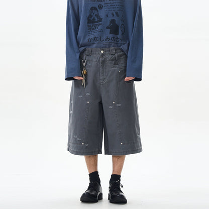 Distressed Grey Cargo Denim Shorts
