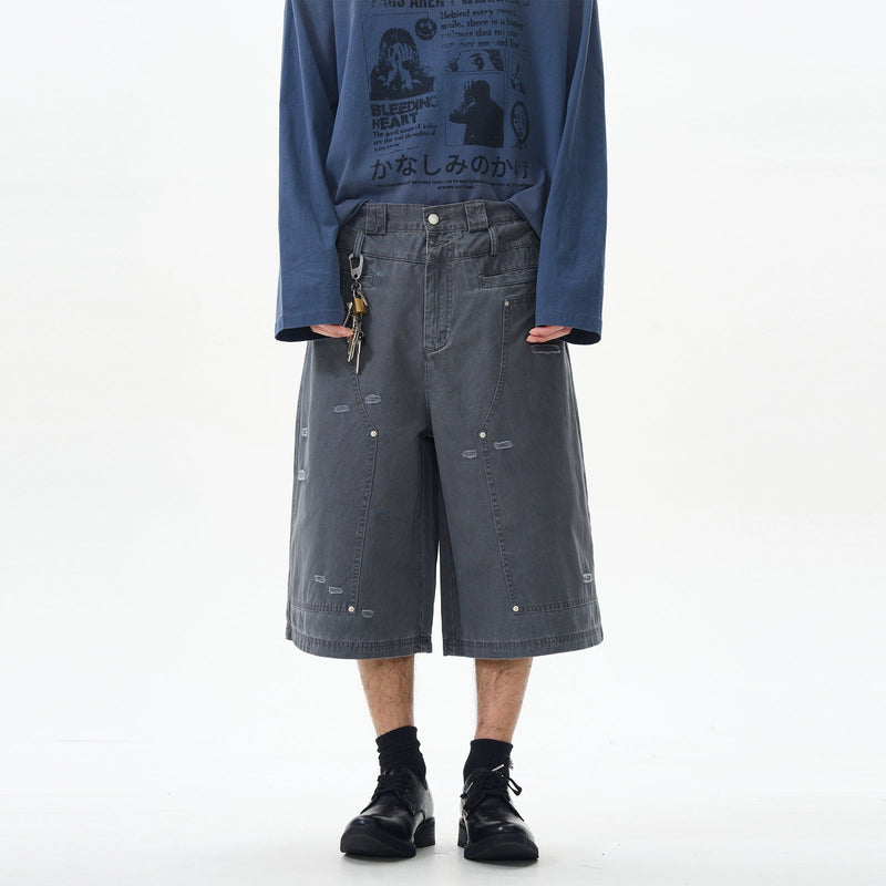 Distressed Grey Cargo Denim Shorts