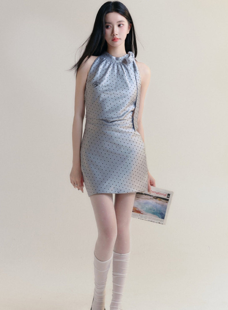 Polka Dot Halter Neck Mini Dress in Light Blue