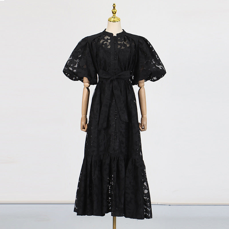 Retro Design Maxi Dress Spring Summer Single Breasted Printed Lace Up Short Sleeve Long Pattern Dress