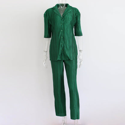 Summer Short Sleeve Loose Pleated Straight Leg Pants Two-piece Set Complex Set Collar Set
