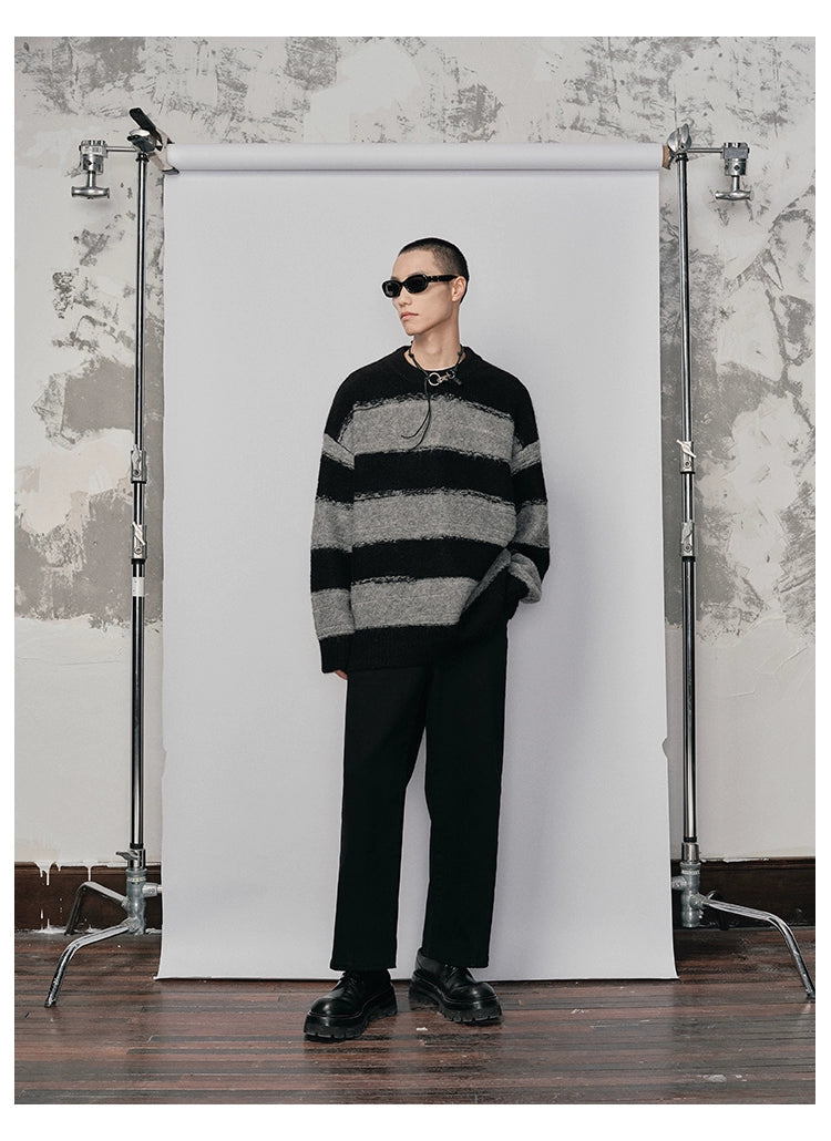 Irregular Wide-striped Oversized Round Neck Sweater