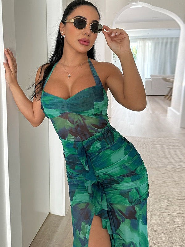 Print Halterneck Ruched Ruffle Slit Maxi Dress