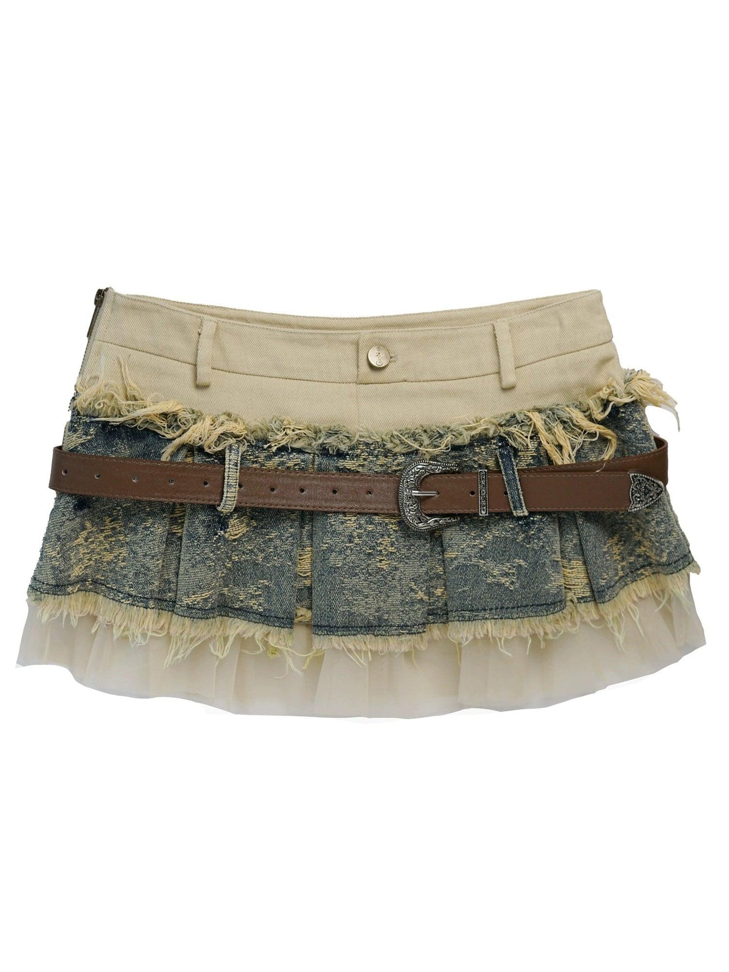 Cest Nous Layered Denim Mini Skirt - Distressed Patchwork Skirt With Belt