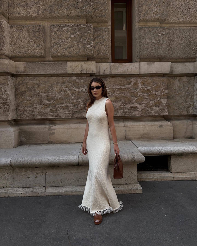 Beach Vacation Dress Knitted Sleeveless Tassel Maxi Dress Summer
