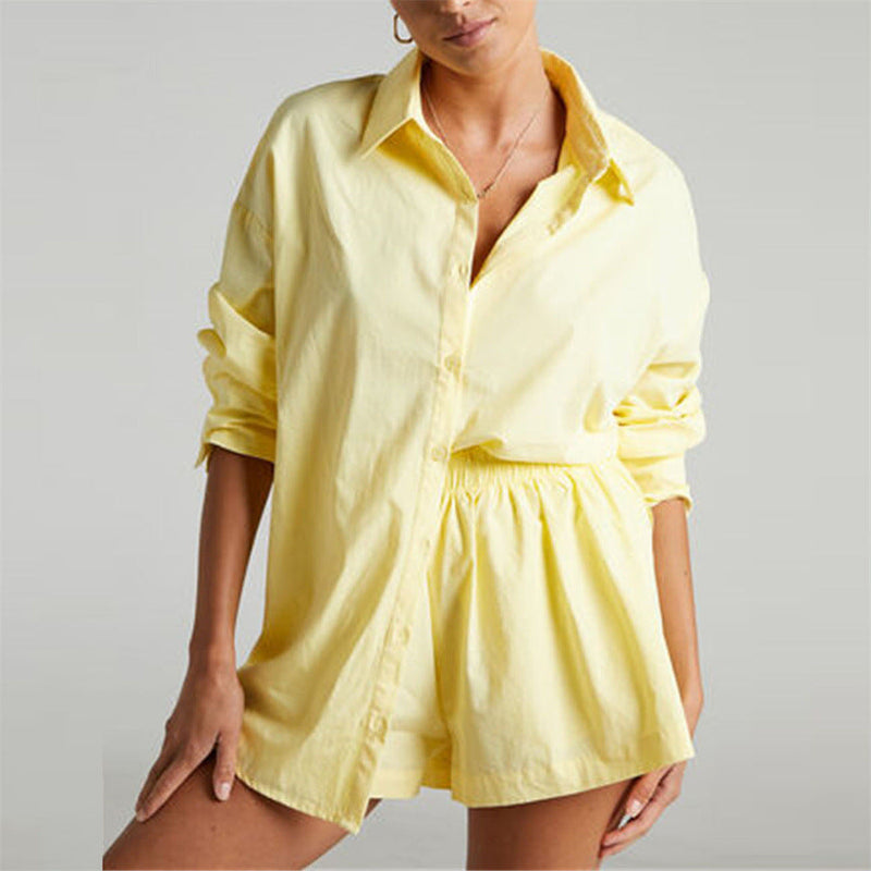 Spring Summer Two Piece Set Color Single Breasted Long Sleeve Collared Shirt Shorts Loose Set