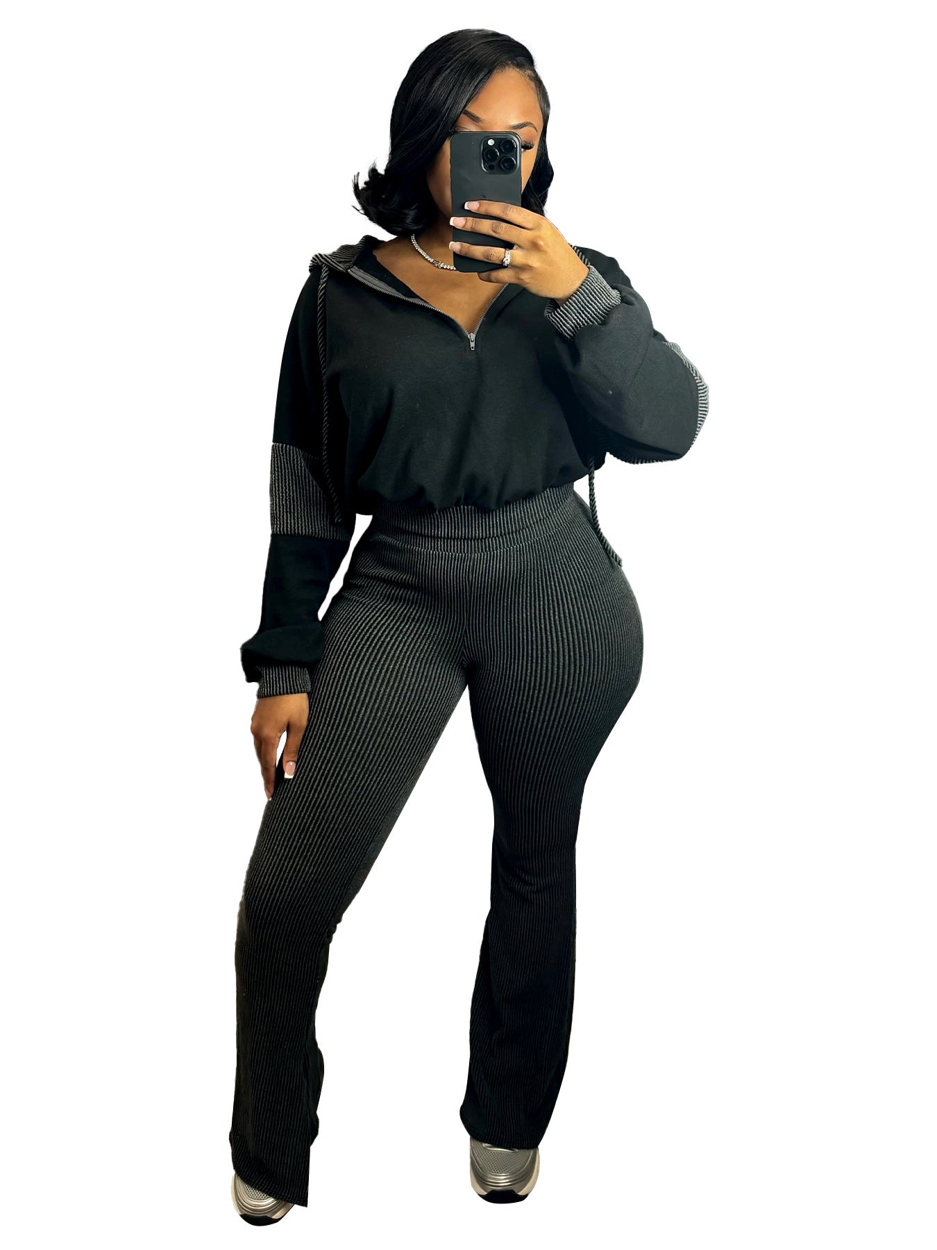 Clothing Twist Strip Sweater Stitching Hooded Bell Bottom Pants Two Piece Sets