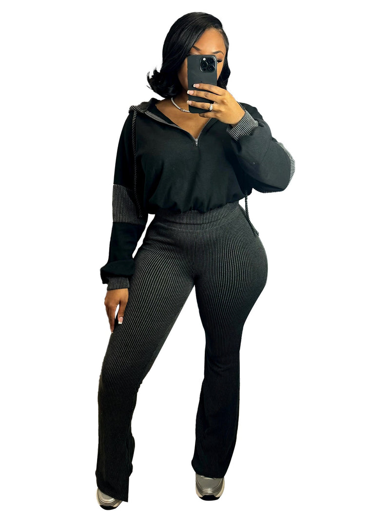 Clothing Twist Strip Sweater Stitching Hooded Bell Bottom Pants Two Piece Sets