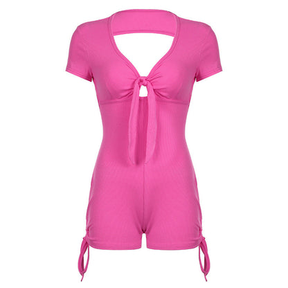 Summer Backless Drawstring Strap Sports Short Sleeved Jumpsuit Pleated Jumpsuit